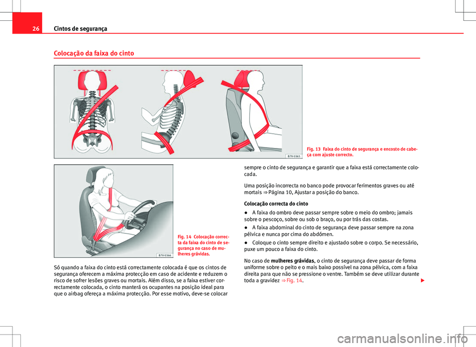 Seat Alhambra 2013  Manual do proprietário (in Portuguese)  26Cintos de segurança
Colocação da faixa do cinto
Fig. 13 Faixa do cinto de segurança e encosto de cabe-
ça com ajuste correcto.
Fig. 14 Colocação correc-
ta da faixa do cinto de se-
gurança n