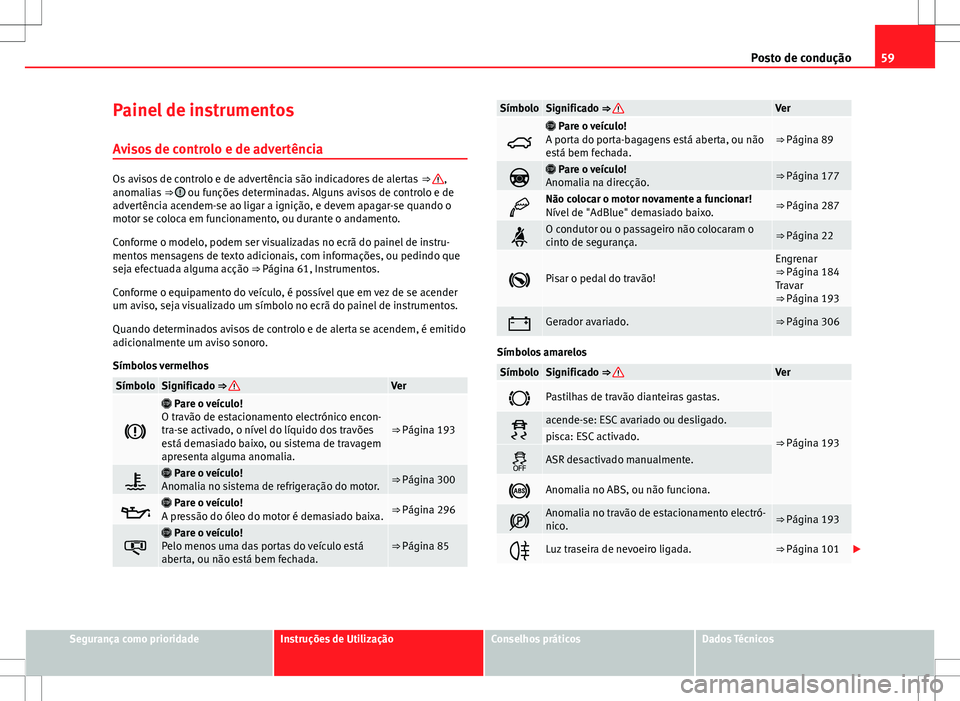 Seat Alhambra 2013  Manual do proprietário (in Portuguese)  59
Posto de condução
Painel de instrumentos Avisos de controlo e de advertência
Os avisos de controlo e de advertência são indicadores de alertas  ⇒ ,
anomalias  ⇒  ou funções determina