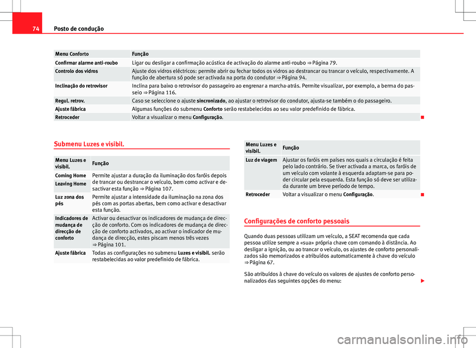 Seat Alhambra 2013 Manual do proprietário (in Portuguese) 74Posto de condução
Menu ConfortoFunçãoConfirmar alarme anti-rouboLigar ou desligar a confirmação acústica de activação do alarme anti-roubo ⇒ Página 79.Controlo dos vidrosAjuste dos vid Seat Alhambra 2013 Manual do proprietário (in Portuguese) 74Posto de condução
Menu ConfortoFunçãoConfirmar alarme anti-rouboLigar ou desligar a confirmação acústica de activação do alarme anti-roubo ⇒ Página 79.Controlo dos vidrosAjuste dos vid