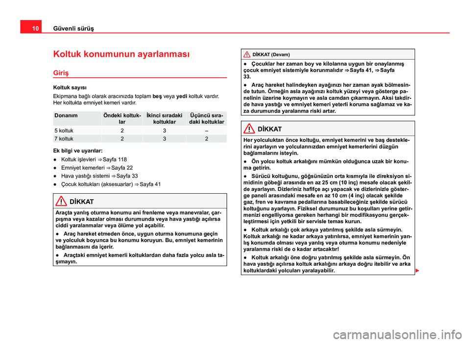 Seat Alhambra 2013 Kullanım Kılavuzu (in Turkish) 10Güvenli sürüş
Koltuk konumunun ayarlanması
Giriş
Koltuk sayısı
Ekipmana bağlı olarak aracınızda toplam beş veya yedi koltuk vardır.
Her koltukta emniyet kemeri vardır.
DonanımÖndek Seat Alhambra 2013 Kullanım Kılavuzu (in Turkish) 10Güvenli sürüş
Koltuk konumunun ayarlanması
Giriş
Koltuk sayısı
Ekipmana bağlı olarak aracınızda toplam beş veya yedi koltuk vardır.
Her koltukta emniyet kemeri vardır.
DonanımÖndek