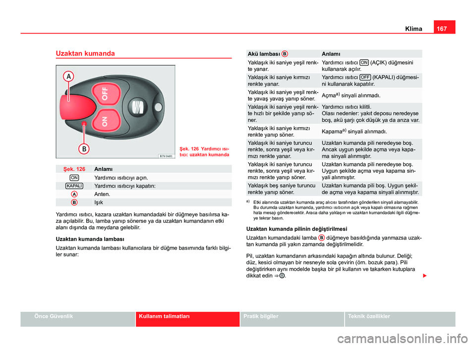 Seat Alhambra 2013 Kullanım Kılavuzu (in Turkish) 167
Klima
Uzaktan kumanda
Şek. 126 Yardımcı ısı-
tıcı: uzaktan kumanda
Şek. 126AnlamıONYardımcı ısıtıcıyı açın.KAPALIYardımcı ısıtıcıyı kapatın:AAnten.BIşık
Yardımcı ıs Seat Alhambra 2013 Kullanım Kılavuzu (in Turkish) 167
Klima
Uzaktan kumanda
Şek. 126 Yardımcı ısı-
tıcı: uzaktan kumanda
Şek. 126AnlamıONYardımcı ısıtıcıyı açın.KAPALIYardımcı ısıtıcıyı kapatın:AAnten.BIşık
Yardımcı ıs