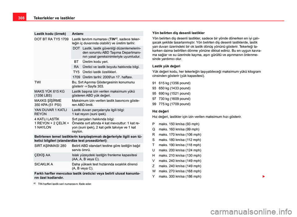 Seat Alhambra 2013  Kullanım Kılavuzu (in Turkish) 308Tekerlekler ve lastikler
Lastik kodu (örnek)AnlamıDOT BT RA TY5 1709Lastik tanıtım numarası (TIN a)
, sadece teker-
leğin iç duvarında olabilir) ve üretim tarihi:
DOTLastik, lastik güvenl