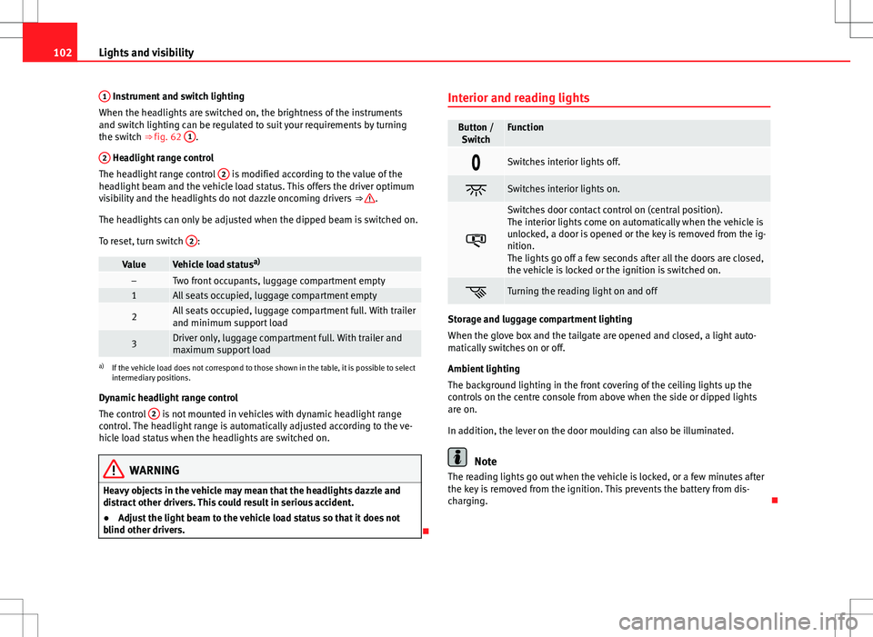 Seat Alhambra 2012 Owners Manual 102Lights and visibility
1
Instrument and switch lighting
When the headlights are switched on, the brightness of the instruments
and switch lighting can be regulated to suit your requirements by turn Seat Alhambra 2012 Owners Manual 102Lights and visibility
1
Instrument and switch lighting
When the headlights are switched on, the brightness of the instruments
and switch lighting can be regulated to suit your requirements by turn