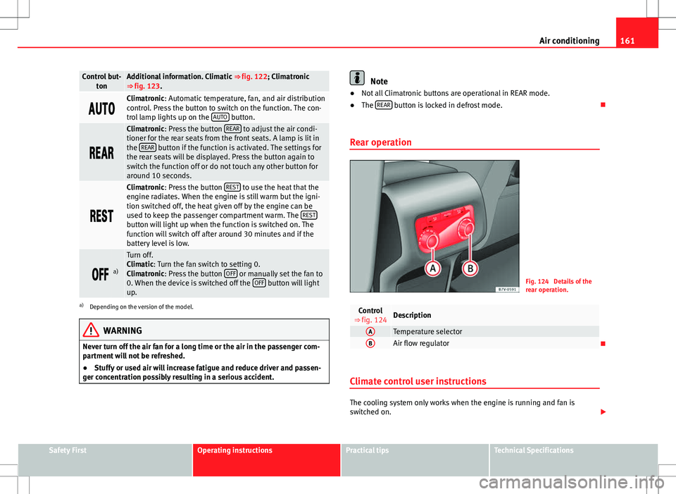 Seat Alhambra 2012  Owners Manual 161
Air conditioning
Control but-
tonAdditional information. Climatic  ⇒ fig. 122; Climatronic
⇒ fig. 123.
Climatronic: Automatic temperature, fan, and air distribution
control. Pr