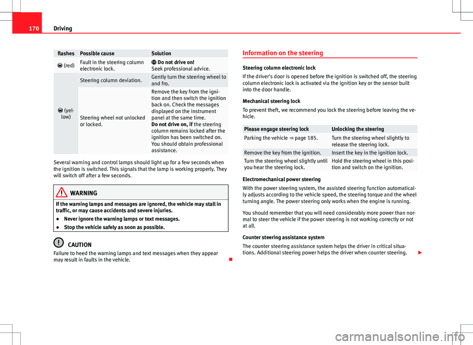 Seat Alhambra 2012  Owners Manual 170Driving
flashesPossible causeSolution
 (red)Fault in the steering column
electronic lock. Do not drive on!
Seek professional advice.
  (yel-
low)
Steering column deviation.Gently turn the 