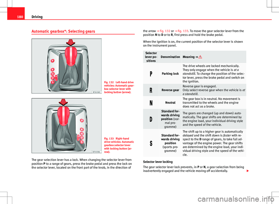 Seat Alhambra 2012  Owners Manual 180Driving
Automatic gearbox*: Selecting gears
Fig. 132  Left-hand drive
vehicles: Automatic gear-
box selector lever with
locking button (arrow).
Fig. 133  Right-hand
drive vehicles: Automatic
gearbo
