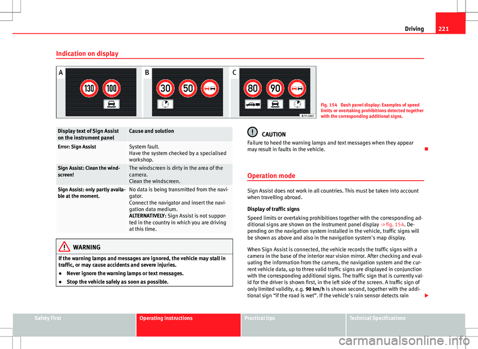 Seat Alhambra 2012 Service Manual 221
Driving
Indication on display
Fig. 154  Dash panel display: Examples of speed
limits or overtaking prohibitions detected together
with the corresponding additional signs.
Display text of Sign Assi