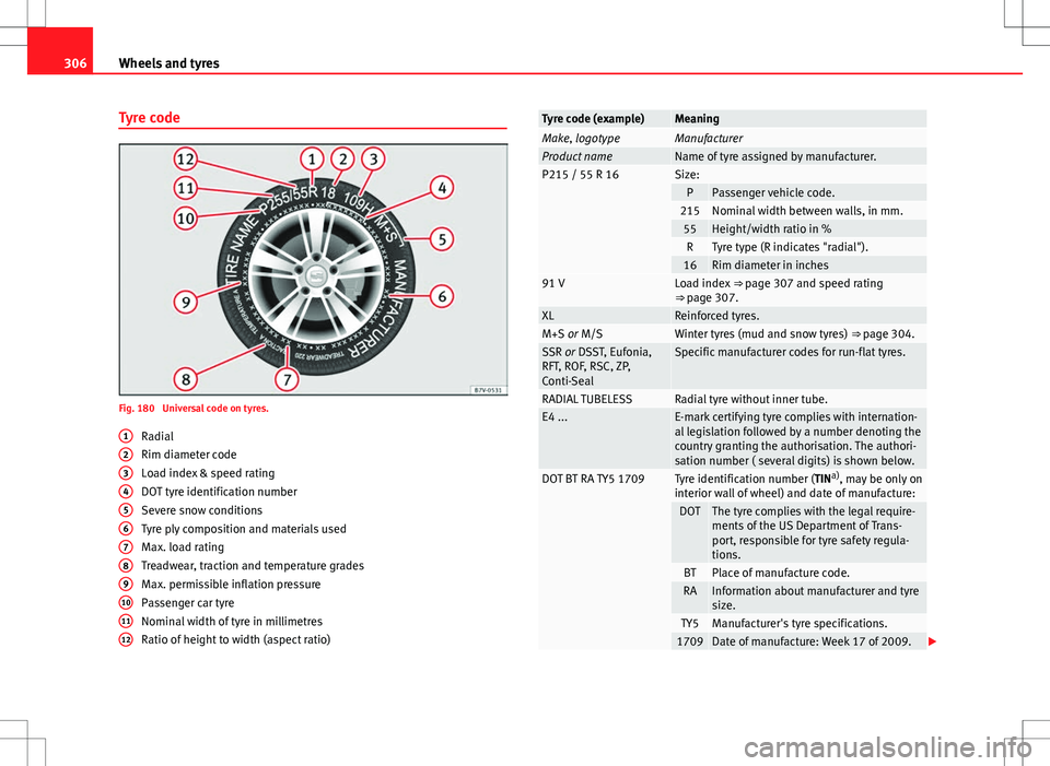 Seat Alhambra 2012  Owners Manual 306Wheels and tyres
Tyre code
Fig. 180  Universal code on tyres.
Radial
Rim diameter code
Load index & speed rating
DOT tyre identification number
Severe snow conditions
Tyre ply composition and mater