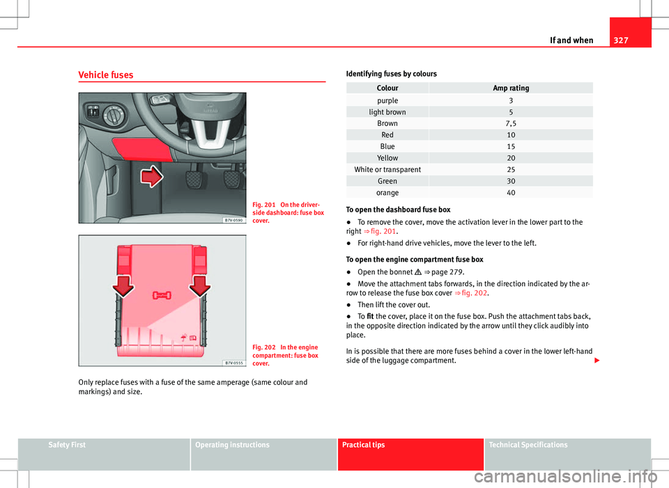 Seat Alhambra 2012  Owners Manual 327
If and when
Vehicle fuses
Fig. 201  On the driver-
side dashboard: fuse box
cover.
Fig. 202  In the engine
compartment: fuse box
cover.
Only replace fuses with a fuse of the same amperage (same co