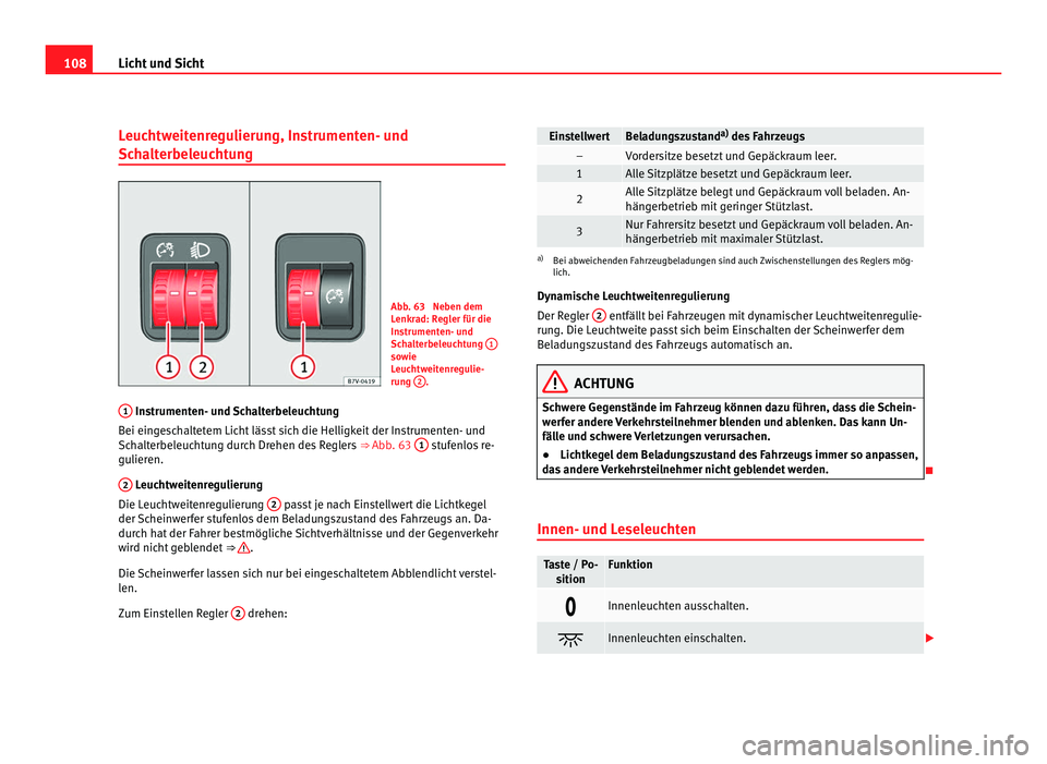 Seat Alhambra 2012 Betriebsanleitung (in German) 108
Licht und Sicht
Leuchtweitenregulierung, Instrumenten- und
Schalterbeleuchtung Abb. 63 Neben dem
Lenkrad: Regler für die
Instrumenten- und
Schalterbeleuchtung
1 sowie
Leuchtweitenregulie-
rung Seat Alhambra 2012 Betriebsanleitung (in German) 108
Licht und Sicht
Leuchtweitenregulierung, Instrumenten- und
Schalterbeleuchtung Abb. 63 Neben dem
Lenkrad: Regler für die
Instrumenten- und
Schalterbeleuchtung
1 sowie
Leuchtweitenregulie-
rung