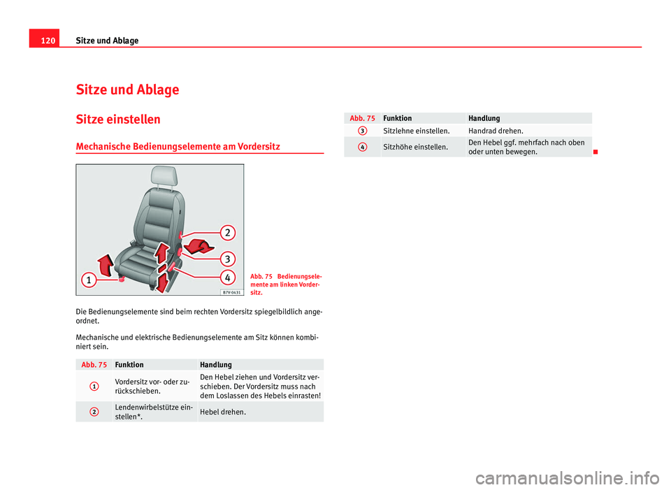 Seat Alhambra 2012 Betriebsanleitung (in German) 120
Sitze und Ablage
Sitze und Ablage
Sitze einstellen Mechanische Bedienungselemente am Vordersitz Abb. 75 Bedienungsele-
mente am linken Vorder-
sitz.
Die Bedienungselemente sind beim rechten Vorde Seat Alhambra 2012 Betriebsanleitung (in German) 120
Sitze und Ablage
Sitze und Ablage
Sitze einstellen Mechanische Bedienungselemente am Vordersitz Abb. 75 Bedienungsele-
mente am linken Vorder-
sitz.
Die Bedienungselemente sind beim rechten Vorde