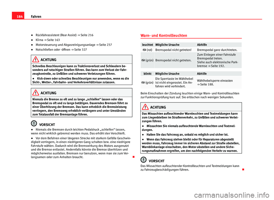 Seat Alhambra 2012  Betriebsanleitung (in German) 184
Fahren
● Rückfahrassistent (Rear Assist)  ⇒ Seite 216
● Klima ⇒  Seite 163
● Mot
orsteuerung und Abgasreinigungsanlage ⇒  Seite 237
● Notschließen oder -öffnen ⇒  Seite 