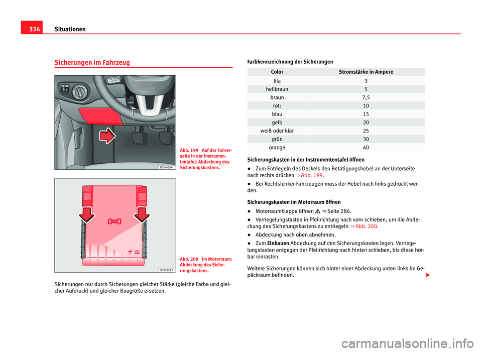 Seat Alhambra 2012 Betriebsanleitung (in German) 336
Situationen
Sicherungen im Fahrzeug Abb. 199 Auf der Fahrer-
seite in der Instrumen-
tentafel: Abdeckung des
Sicherungskastens.
Abb. 200 Im Motorraum:
Abdeckung des Siche-
rungskastens.
Sicherun Seat Alhambra 2012 Betriebsanleitung (in German) 336
Situationen
Sicherungen im Fahrzeug Abb. 199 Auf der Fahrer-
seite in der Instrumen-
tentafel: Abdeckung des
Sicherungskastens.
Abb. 200 Im Motorraum:
Abdeckung des Siche-
rungskastens.
Sicherun