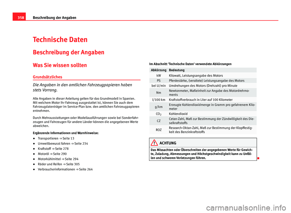 Seat Alhambra 2012  Betriebsanleitung (in German) 358
Beschreibung der Angaben
Technische Daten
Beschreibung der Angaben
Was Sie wissen solltenGrundsätzliches Die Angaben in den amtlichen Fahrzeugpapieren haben
stets Vorrang.
Alle Angaben in dieser 