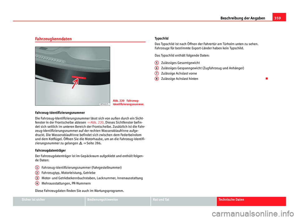 Seat Alhambra 2012 Betriebsanleitung (in German) 359
Beschreibung der Angaben
Fahrzeugkenndaten Abb. 220 Fahrzeug-
Identifizierungsnummer.
Fahrzeug-Identifizierungsnummer
Die Fahrzeug-Identifizierungsnummer lässt sich von außen durch ein Sicht-
f Seat Alhambra 2012 Betriebsanleitung (in German) 359
Beschreibung der Angaben
Fahrzeugkenndaten Abb. 220 Fahrzeug-
Identifizierungsnummer.
Fahrzeug-Identifizierungsnummer
Die Fahrzeug-Identifizierungsnummer lässt sich von außen durch ein Sicht-
f