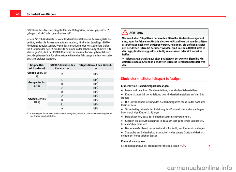 Seat Alhambra 2012 Betriebsanleitung (in German) 46
Sicherheit von Kindern
ISOFIX-Kindersitze sind eingeteilt in die Kategorien „fahrzeugspezifisch“,
„eingeschränkt“ oder „semi-universal“.
Jedem ISOFIX-Kindersitz ist vom Kindersitzherst Seat Alhambra 2012 Betriebsanleitung (in German) 46
Sicherheit von Kindern
ISOFIX-Kindersitze sind eingeteilt in die Kategorien „fahrzeugspezifisch“,
„eingeschränkt“ oder „semi-universal“.
Jedem ISOFIX-Kindersitz ist vom Kindersitzherst