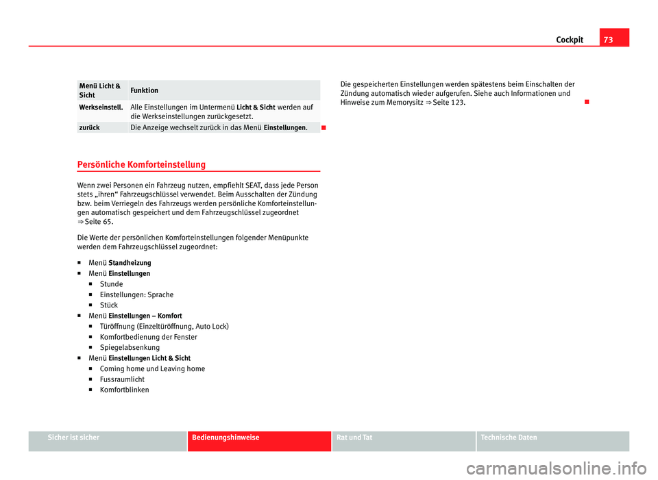 Seat Alhambra 2012  Betriebsanleitung (in German) 73
Cockpit Menü Licht &
Sic
ht Funktion
Werkseinstell. Alle Einstellungen im Untermenü Licht & Sicht
 wer den auf
die Werkseinstellungen zurückgesetzt. zurück Die Anzeige wechselt zurück in das M