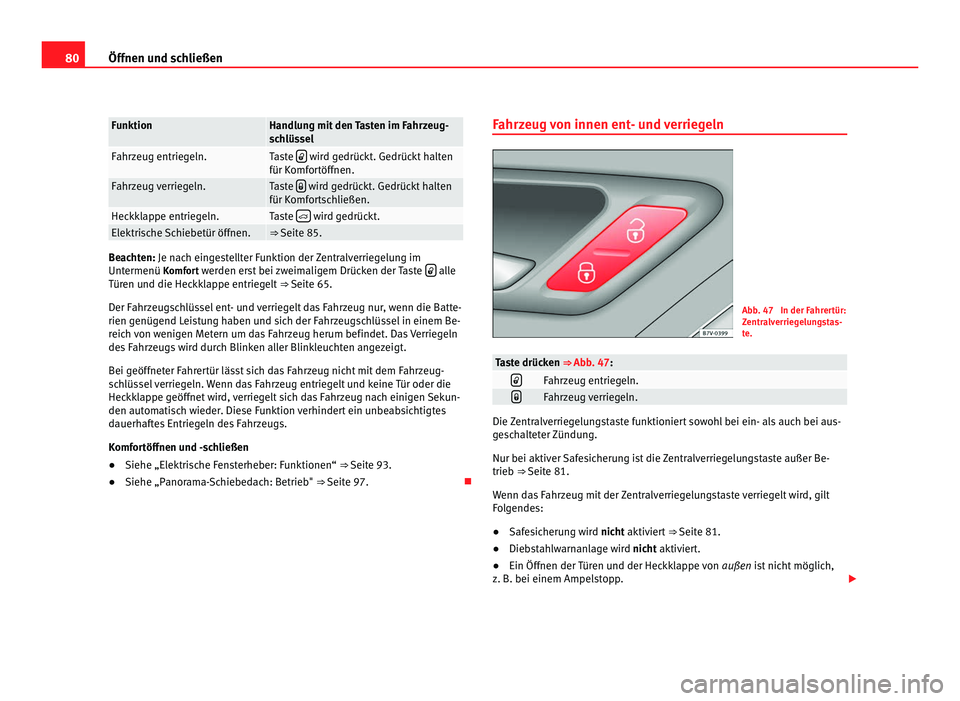 Seat Alhambra 2012 Betriebsanleitung (in German) 80
Öffnen und schließen Funktion Handlung mit den Tasten im Fahrzeug-
schlüssel
Fahrzeug entriegeln. Taste
wird gedrückt. Gedrückt halten
für Komfortöffnen. Fahrzeug verriegeln. Taste
Seat Alhambra 2012 Betriebsanleitung (in German) 80
Öffnen und schließen Funktion Handlung mit den Tasten im Fahrzeug-
schlüssel
Fahrzeug entriegeln. Taste
wird gedrückt. Gedrückt halten
für Komfortöffnen. Fahrzeug verriegeln. Taste