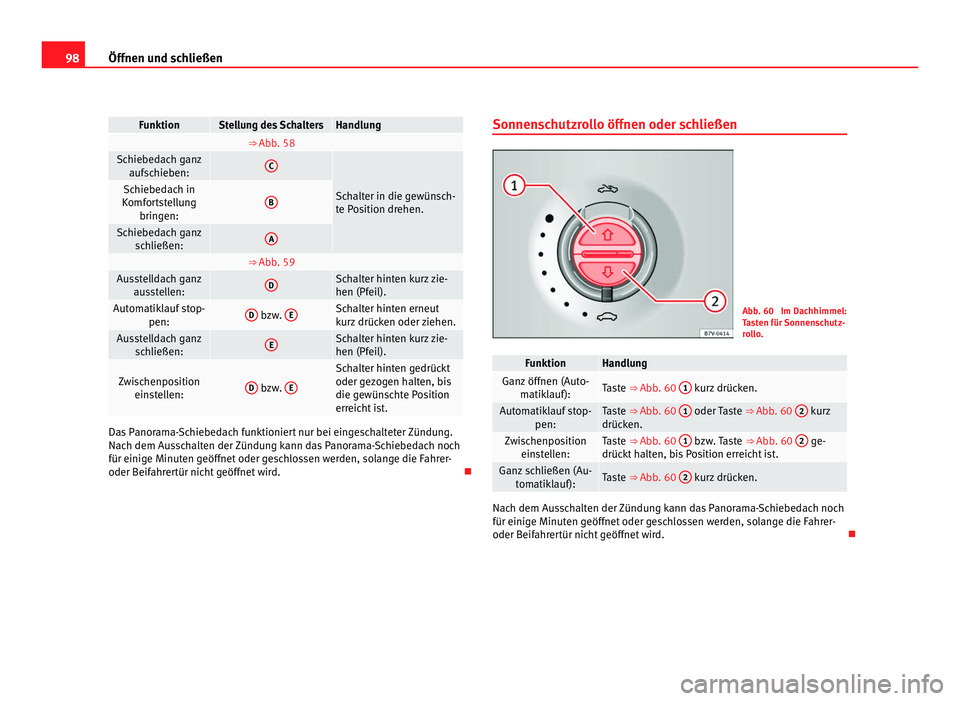 Seat Alhambra 2012 Betriebsanleitung (in German) 98
Öffnen und schließen Funktion Stellung des Schalters Handlung
⇒ Abb. 58
Schiebedach ganz
aufschieben: C
Schalter in die gewünsch-
te Position drehen.Schiebedach in
Komfortstellung bringe Seat Alhambra 2012 Betriebsanleitung (in German) 98
Öffnen und schließen Funktion Stellung des Schalters Handlung
⇒ Abb. 58
Schiebedach ganz
aufschieben: C
Schalter in die gewünsch-
te Position drehen.Schiebedach in
Komfortstellung bringe