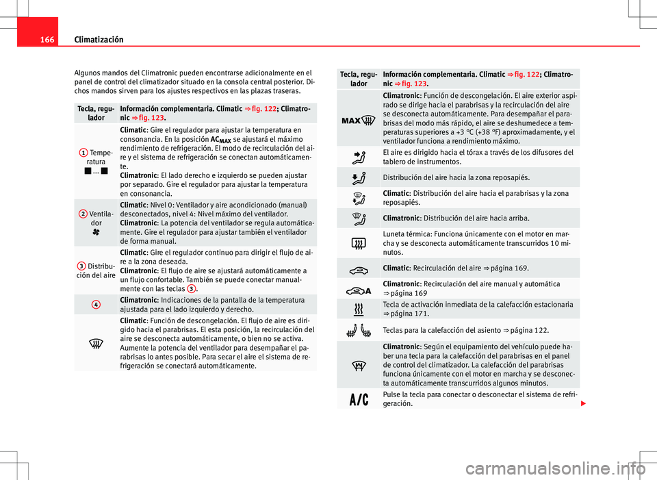 Seat Alhambra 2012 Manual del propietario (in Spanish) 166Climatización
Algunos mandos del Climatronic pueden encontrarse adicionalmente en el
panel de control del climatizador situado en la consola central posterior. Di-
chos mandos sirven para los ajus Seat Alhambra 2012 Manual del propietario (in Spanish) 166Climatización
Algunos mandos del Climatronic pueden encontrarse adicionalmente en el
panel de control del climatizador situado en la consola central posterior. Di-
chos mandos sirven para los ajus