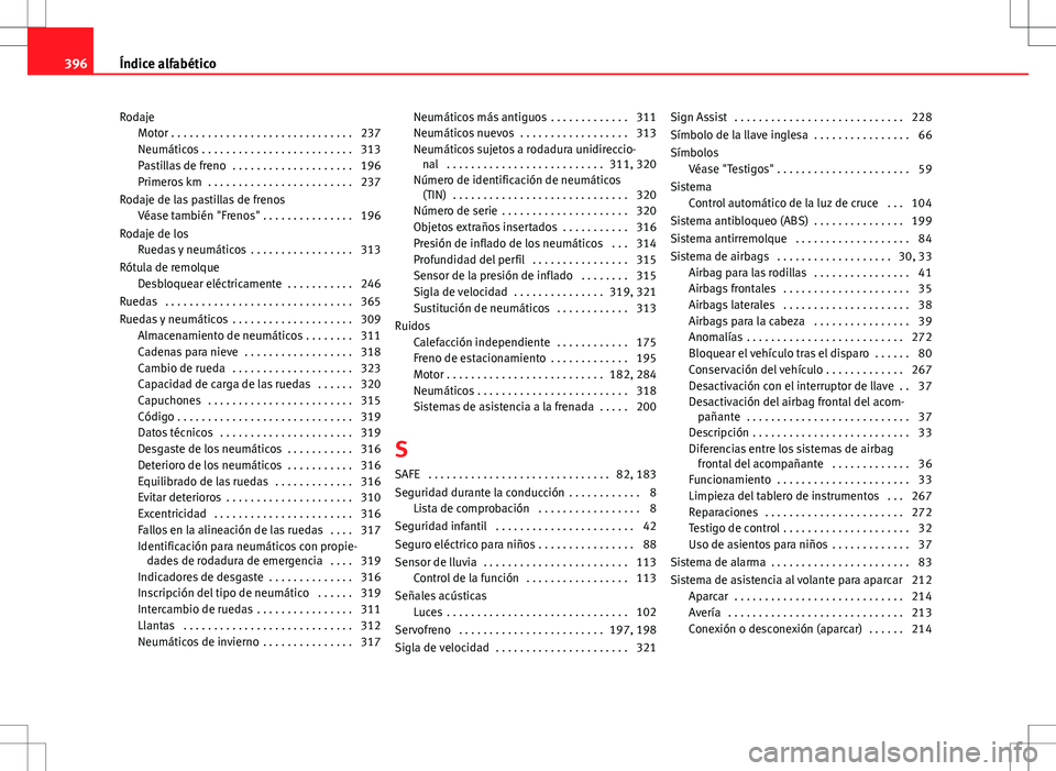 Seat Alhambra 2012 Manual del propietario (in Spanish) RodajeMotor . . . . . . . . . . . . . . . . . . . . . . . . . . . . . . 237
Neumáticos . . . . . . . . . . . . . . . . . . . . . . . . . 313
Pastillas de freno . . . . . . . . . . . . . . . . . . . Seat Alhambra 2012 Manual del propietario (in Spanish) RodajeMotor . . . . . . . . . . . . . . . . . . . . . . . . . . . . . . 237
Neumáticos . . . . . . . . . . . . . . . . . . . . . . . . . 313
Pastillas de freno . . . . . . . . . . . . . . . . . . .