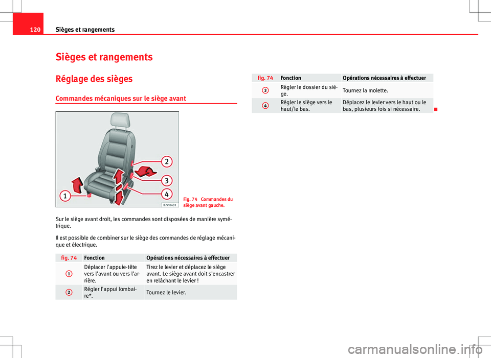 Seat Alhambra 2012  Manuel du propriétaire (in French)  120Sièges et rangements
Sièges et rangements
Réglage des sièges
Commandes mécaniques sur le siège avant
Fig. 74  Commandes du
siège avant gauche.
Sur le siège avant droit, les commandes sont d