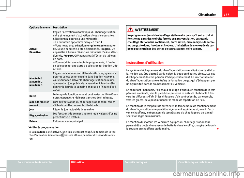 Seat Alhambra 2012  Manuel du propriétaire (in French)  177
Climatisation
Options du menuDescription
Activer
Désactiver
Réglez l'activation automatique du chauffage station-
naire et le moment d'activation si vous le souhaitez.
Sélectionnez pour