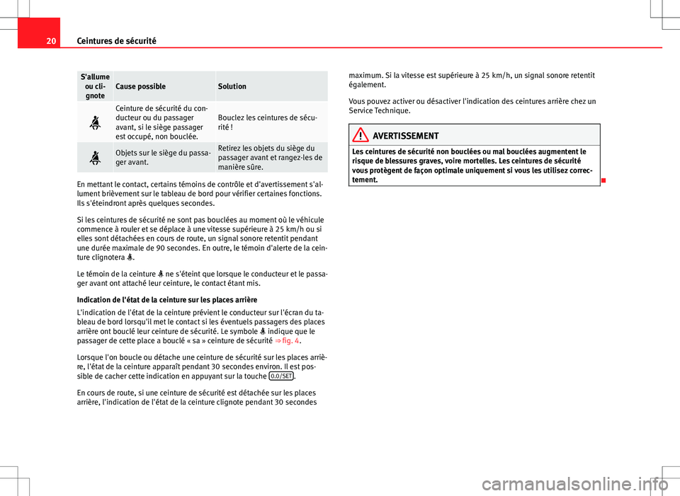 Seat Alhambra 2012 Manuel du propriétaire (in French) 20Ceintures de sécurité
S'allume
ou cli-gnoteCause possibleSolution
Ceinture de sécurité du con-
ducteur ou du passager
avant, si le siège passager
est occupé, non bouclée.Bouclez les c Seat Alhambra 2012 Manuel du propriétaire (in French) 20Ceintures de sécurité
S'allume
ou cli-gnoteCause possibleSolution
Ceinture de sécurité du con-
ducteur ou du passager
avant, si le siège passager
est occupé, non bouclée.Bouclez les c