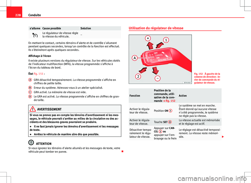 Seat Alhambra 2012  Manuel du propriétaire (in French)  228Conduite
s'allumeCause possibleSolution
Le régulateur de vitesse règle
la vitesse du véhicule.–
En mettant le contact, certains témoins d'alerte et de contrôle s'allument
pend