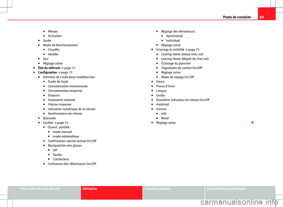 Seat Alhambra 2012  Manuel du propriétaire (in French)  69
Poste de conduite
■ Minute
■ Activation
■ Durée
■ Mode de fonctionnement
■ Chauffer
■ Ventiler
■ Jour
■ Réglage usine
■ État du véhicule  ⇒ page 71
■ Configuration ⇒�