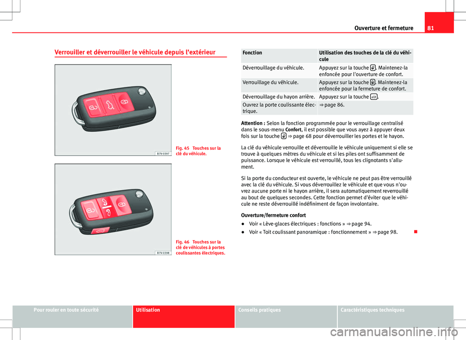 Seat Alhambra 2012  Manuel du propriétaire (in French)  81
Ouverture et fermeture
Verrouiller et déverrouiller le véhicule depuis l'extérieur
Fig. 45  Touches sur la
clé du véhicule.
Fig. 46  Touches sur la
clé de véhicules à portes
coulissante
