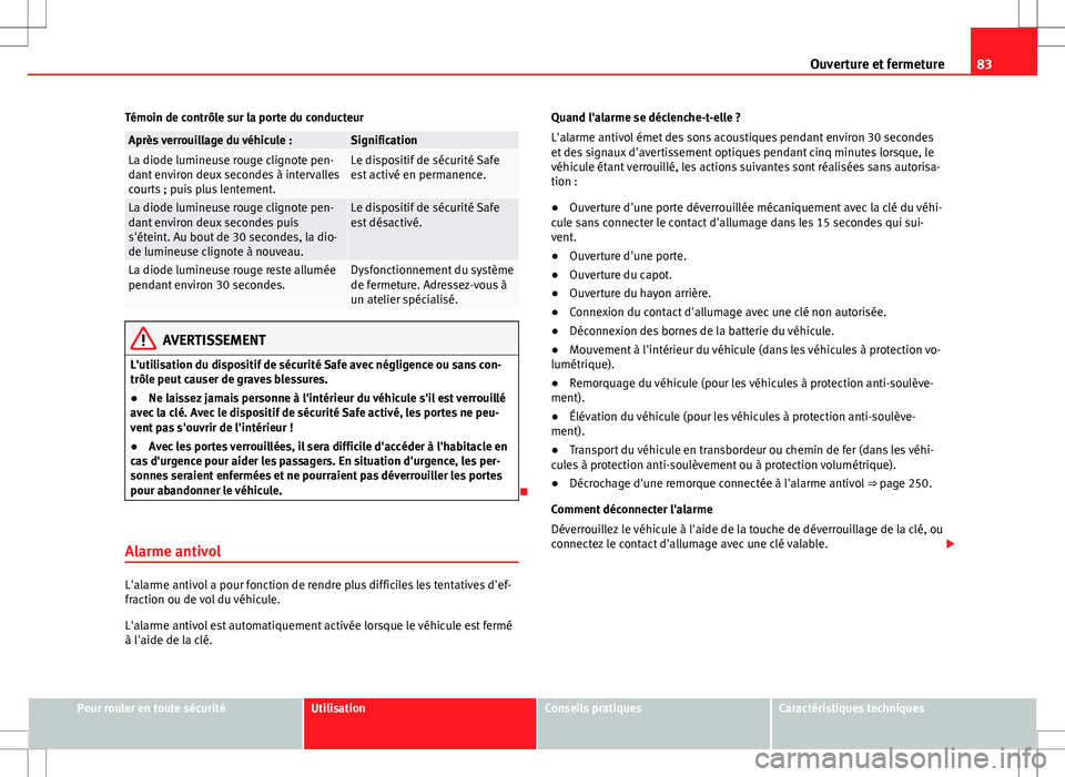 Seat Alhambra 2012  Manuel du propriétaire (in French)  83
Ouverture et fermeture
Témoin de contrôle sur la porte du conducteur
Après verrouillage du véhicule :SignificationLa diode lumineuse rouge clignote pen-
dant environ deux secondes à intervalle