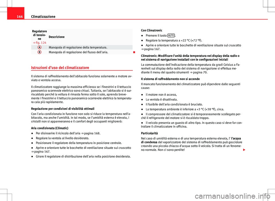 Seat Alhambra 2012 Manuale del proprietario (in Italian) 166Climatizzazione
Regolatore
di tensio- ne
⇒ fig. 124
Descrizione
AManopola di regolazione della temperatura.BManopola di regolazione del flusso dell'aria.
Istruzioni d'uso del climati Seat Alhambra 2012 Manuale del proprietario (in Italian) 166Climatizzazione
Regolatore
di tensio- ne
⇒ fig. 124
Descrizione
AManopola di regolazione della temperatura.BManopola di regolazione del flusso dell'aria.
Istruzioni d'uso del climati