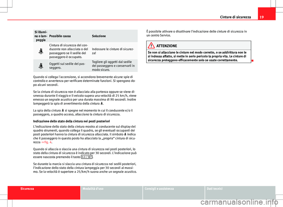 Seat Alhambra 2012 Manuale del proprietario (in Italian) 19
Cinture di sicurezza
Si illumi-
na o lam- peggiaPossibile causaSoluzione
Cintura di sicurezza del con-
ducente non allacciata o del
passeggero se il sedile del
passeggero è occupato.Indossare Seat Alhambra 2012 Manuale del proprietario (in Italian) 19
Cinture di sicurezza
Si illumi-
na o lam- peggiaPossibile causaSoluzione
Cintura di sicurezza del con-
ducente non allacciata o del
passeggero se il sedile del
passeggero è occupato.Indossare