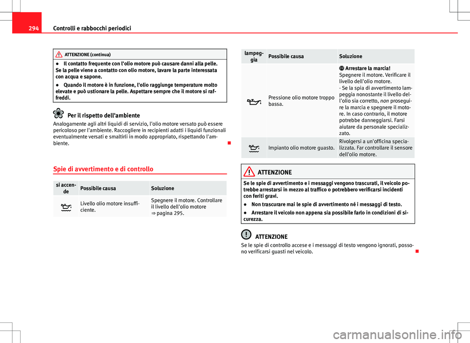 Seat Alhambra 2012 Manuale del proprietario (in Italian) 294Controlli e rabbocchi periodici
ATTENZIONE (continua)
● Il contatto frequente con l'olio motore può causare danni alla pelle.
Se la pelle viene a contatto con olio motore, lavare la parte in Seat Alhambra 2012 Manuale del proprietario (in Italian) 294Controlli e rabbocchi periodici
ATTENZIONE (continua)
● Il contatto frequente con l'olio motore può causare danni alla pelle.
Se la pelle viene a contatto con olio motore, lavare la parte in