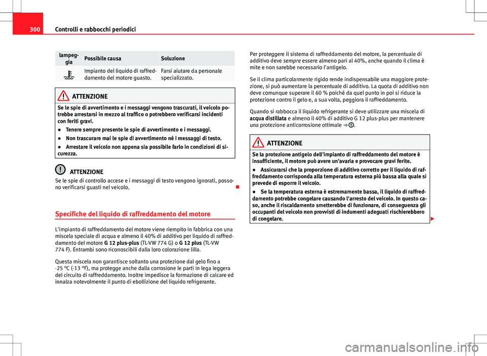 Seat Alhambra 2012 Manuale del proprietario (in Italian) 300Controlli e rabbocchi periodici
lampeg-
giaPossibile causaSoluzione
Impianto del liquido di raffred-
damento del motore guasto.Farsi aiutare da personale
specializzato.
ATTENZIONE
Se le spie di Seat Alhambra 2012 Manuale del proprietario (in Italian) 300Controlli e rabbocchi periodici
lampeg-
giaPossibile causaSoluzione
Impianto del liquido di raffred-
damento del motore guasto.Farsi aiutare da personale
specializzato.
ATTENZIONE
Se le spie di