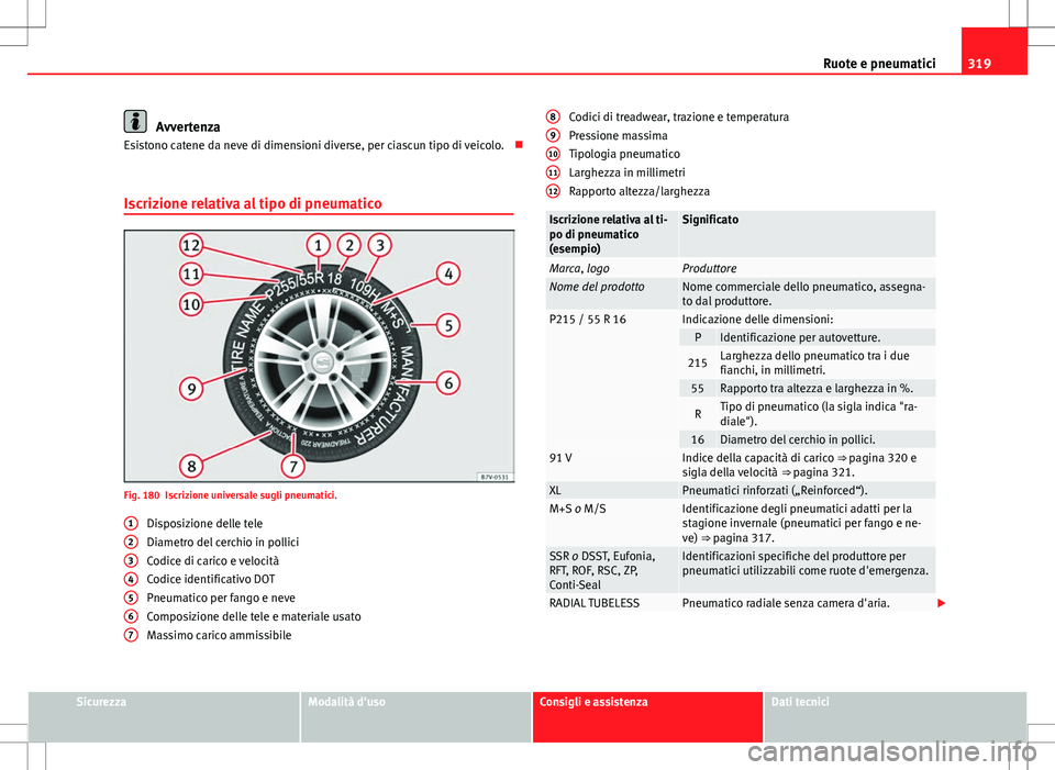 Seat Alhambra 2012 Manuale del proprietario (in Italian) 319
Ruote e pneumatici
Avvertenza
Esistono catene da neve di dimensioni diverse, per ciascun tipo di veicolo.
Iscrizione relativa al tipo di pneumatico
Fig. 180 Iscrizione universale sugli pneumat Seat Alhambra 2012 Manuale del proprietario (in Italian) 319
Ruote e pneumatici
Avvertenza
Esistono catene da neve di dimensioni diverse, per ciascun tipo di veicolo.
Iscrizione relativa al tipo di pneumatico
Fig. 180 Iscrizione universale sugli pneumat