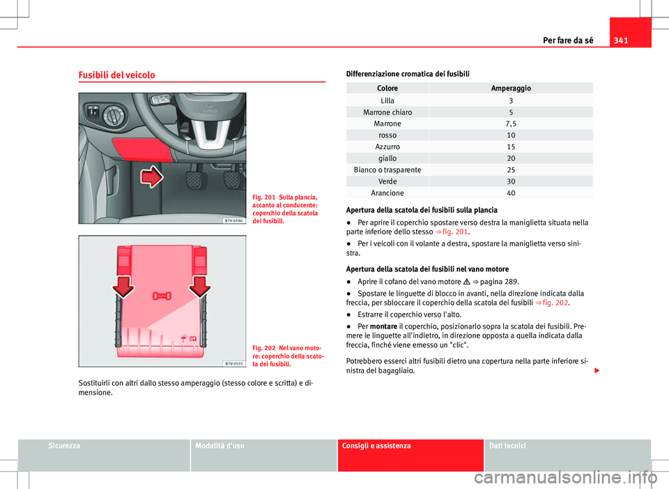Seat Alhambra 2012 Manuale del proprietario (in Italian) 341
Per fare da sé
Fusibili del veicolo
Fig. 201 Sulla plancia,
accanto al conducente:
coperchio della scatola
dei fusibili.
Fig. 202 Nel vano moto-
re: coperchio della scato-
la dei fusibili.
Sostit Seat Alhambra 2012 Manuale del proprietario (in Italian) 341
Per fare da sé
Fusibili del veicolo
Fig. 201 Sulla plancia,
accanto al conducente:
coperchio della scatola
dei fusibili.
Fig. 202 Nel vano moto-
re: coperchio della scato-
la dei fusibili.
Sostit