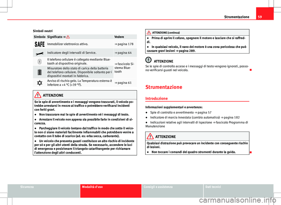 Seat Alhambra 2012 Manuale del proprietario (in Italian) 59
Strumentazione
Simboli neutri
SimboloSignificato ⇒ Vedere
Immobilizer elettronico attivo.⇒ pagina 178
Indicatore degli intervalli di Service.⇒ pagina 64
Il telefono ce Seat Alhambra 2012 Manuale del proprietario (in Italian) 59
Strumentazione
Simboli neutri
SimboloSignificato ⇒ Vedere
Immobilizer elettronico attivo.⇒ pagina 178
Indicatore degli intervalli di Service.⇒ pagina 64
Il telefono ce