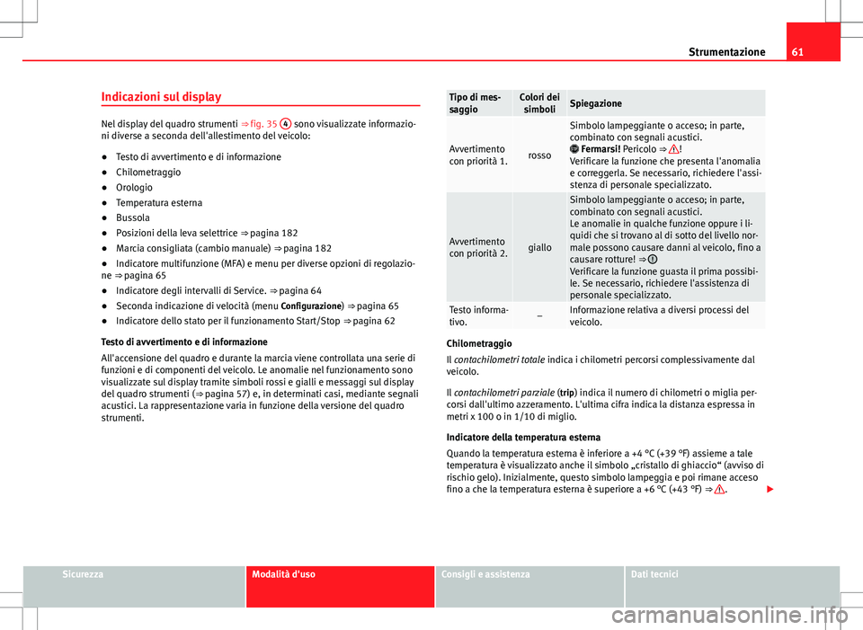 Seat Alhambra 2012 Manuale del proprietario (in Italian) 61
Strumentazione
Indicazioni sul display
Nel display del quadro strumenti ⇒ fig. 35 4 sono visualizzate informazio-
ni diverse a seconda dell'allestimento del veicolo:
● Testo di avvertime Seat Alhambra 2012 Manuale del proprietario (in Italian) 61
Strumentazione
Indicazioni sul display
Nel display del quadro strumenti ⇒ fig. 35 4 sono visualizzate informazio-
ni diverse a seconda dell'allestimento del veicolo:
● Testo di avvertime