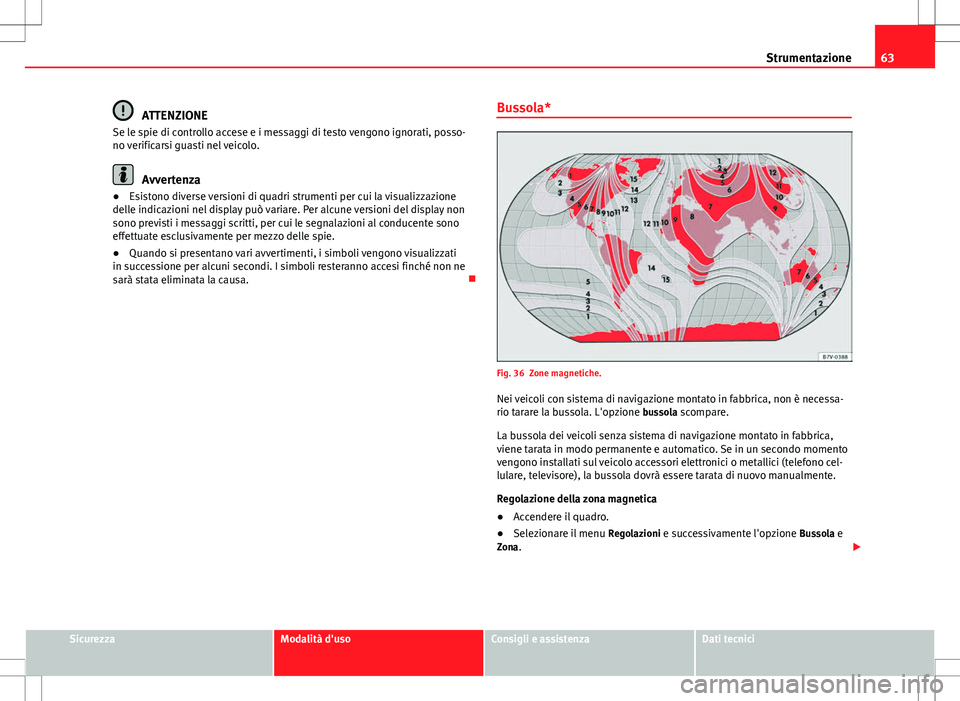 Seat Alhambra 2012 Manuale del proprietario (in Italian) 63
Strumentazione
ATTENZIONE
Se le spie di controllo accese e i messaggi di testo vengono ignorati, posso-
no verificarsi guasti nel veicolo.
Avvertenza
● Esistono diverse versioni di quadri strumen Seat Alhambra 2012 Manuale del proprietario (in Italian) 63
Strumentazione
ATTENZIONE
Se le spie di controllo accese e i messaggi di testo vengono ignorati, posso-
no verificarsi guasti nel veicolo.
Avvertenza
● Esistono diverse versioni di quadri strumen