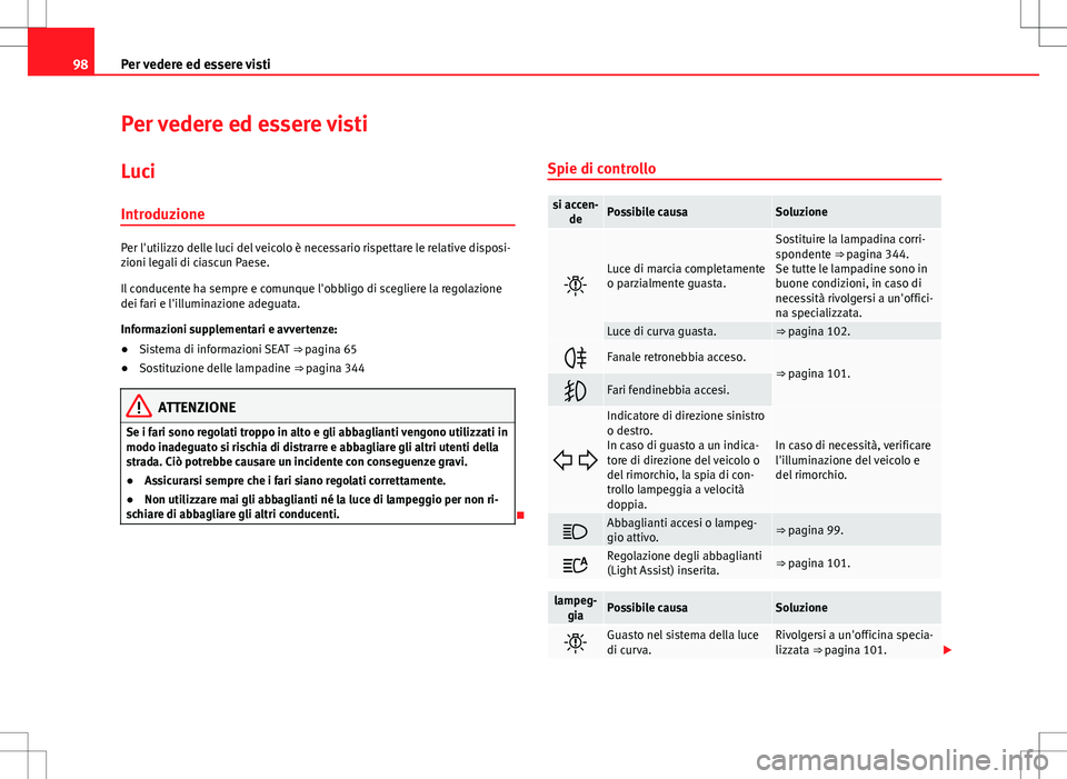 Seat Alhambra 2012 Manuale del proprietario (in Italian) 98Per vedere ed essere visti
Per vedere ed essere visti
Luci
Introduzione
Per l'utilizzo delle luci del veicolo è necessario rispettare le relative disposi-
zioni legali di ciascun Paese.
Il cond Seat Alhambra 2012 Manuale del proprietario (in Italian) 98Per vedere ed essere visti
Per vedere ed essere visti
Luci
Introduzione
Per l'utilizzo delle luci del veicolo è necessario rispettare le relative disposi-
zioni legali di ciascun Paese.
Il cond