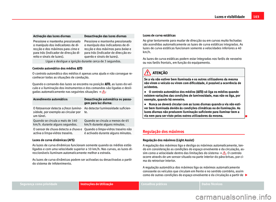 Seat Alhambra 2012 Manual do proprietário (in Portuguese) 103
Luzes e visibilidade Activação das luzes diurnas Desactivação das luzes diurnas
Pressione e mantenha pressionado
o manípulo dos indicadores de di-
recção e dos máximos para
cima e
p ar
a Seat Alhambra 2012 Manual do proprietário (in Portuguese) 103
Luzes e visibilidade Activação das luzes diurnas Desactivação das luzes diurnas
Pressione e mantenha pressionado
o manípulo dos indicadores de di-
recção e dos máximos para
cima e
p ar
a