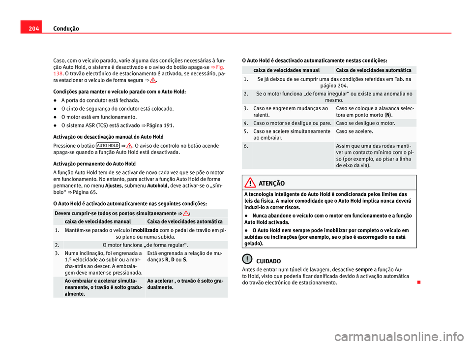 Seat Alhambra 2012  Manual do proprietário (in Portuguese)  204
Condução
Caso, com o veículo parado, varie alguma das condições necessárias à fun-
ção Auto Hold, o sistema é desactivado e o aviso do botão apaga-se ⇒ Fig.
138 . O travão electró
