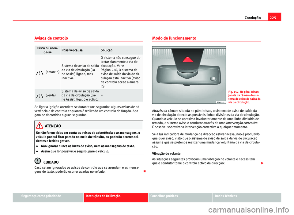 Seat Alhambra 2012  Manual do proprietário (in Portuguese)  225
Condução
Avisos de controlo Pisca ou acen-
de-se Possível causa Solução
 (amarelo) Sistema de aviso de saída
da via de circulação (La-
ne Assist) ligado, mas
inactivo. O sistema não co