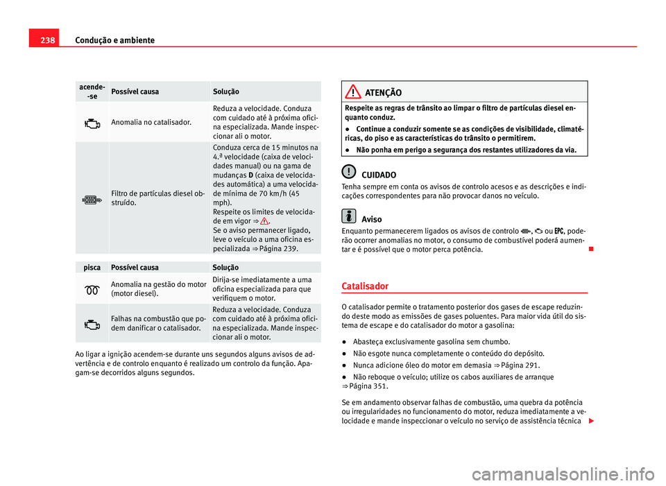 Seat Alhambra 2012  Manual do proprietário (in Portuguese)  238
Condução e ambiente acende-
-se Possível causa Solução
 Anomalia no catalisador. Reduza a velocidade. Conduza
com cuidado até à próxima ofici-
na especializada. Mande inspec-
cionar ali