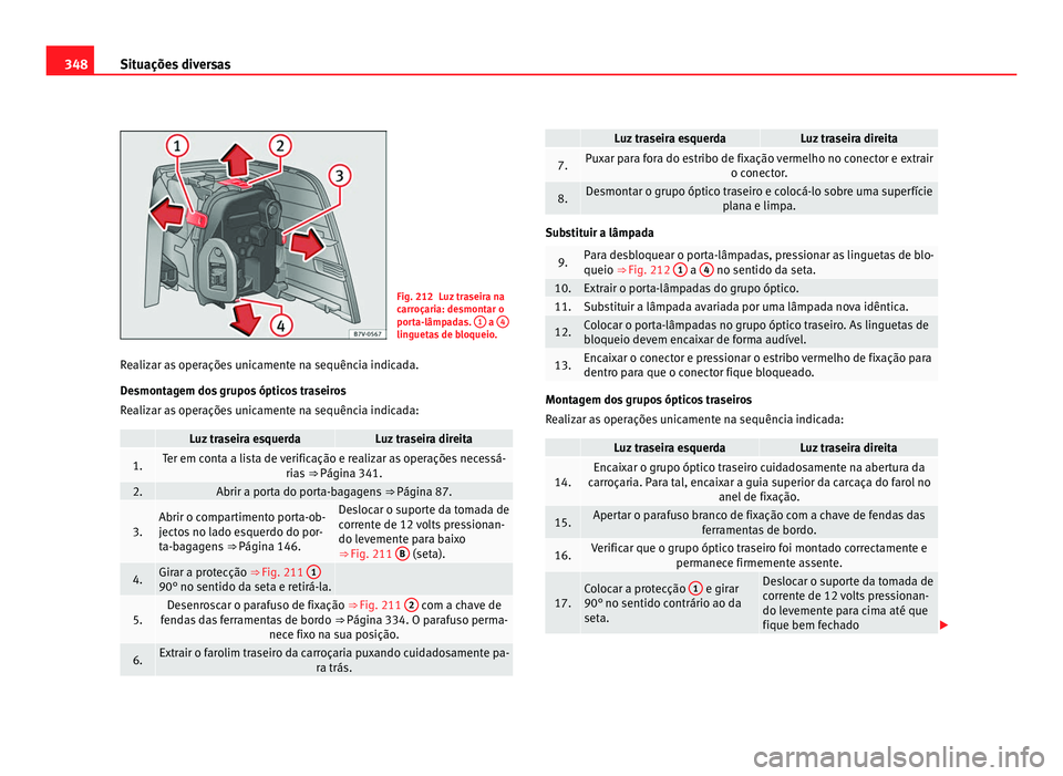 Seat Alhambra 2012  Manual do proprietário (in Portuguese)  348
Situações diversas Fig. 212 Luz traseira na
carroçaria: desmontar o
porta-lâmpadas. 
1  a 
4 linguetas de bloqueio.
Realizar as operações unicamente na sequência indicada.
Desmontagem dos g
