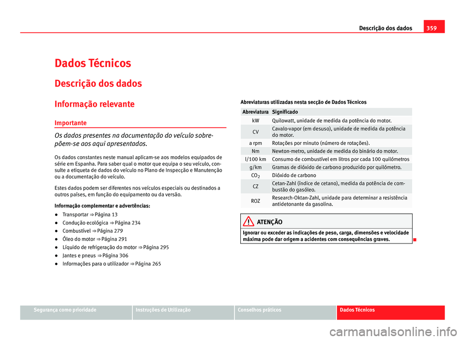 Seat Alhambra 2012  Manual do proprietário (in Portuguese)  359
Descrição dos dados
Dados Técnicos
Descrição dos dados
Informação relevanteImportante Os dados presentes na documentação do veículo sobre-
põem-se aos aqui apresentados.
Os dados consta