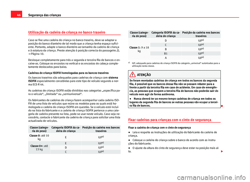 Seat Alhambra 2012 Manual do proprietário (in Portuguese) 46
Segurança das crianças
Utilização da cadeira de criança no banco traseiro Caso se fixe uma cadeira de criança no banco traseiro, deve-se adaptar a
posição do banco dianteiro de tal modo que Seat Alhambra 2012 Manual do proprietário (in Portuguese) 46
Segurança das crianças
Utilização da cadeira de criança no banco traseiro Caso se fixe uma cadeira de criança no banco traseiro, deve-se adaptar a
posição do banco dianteiro de tal modo que