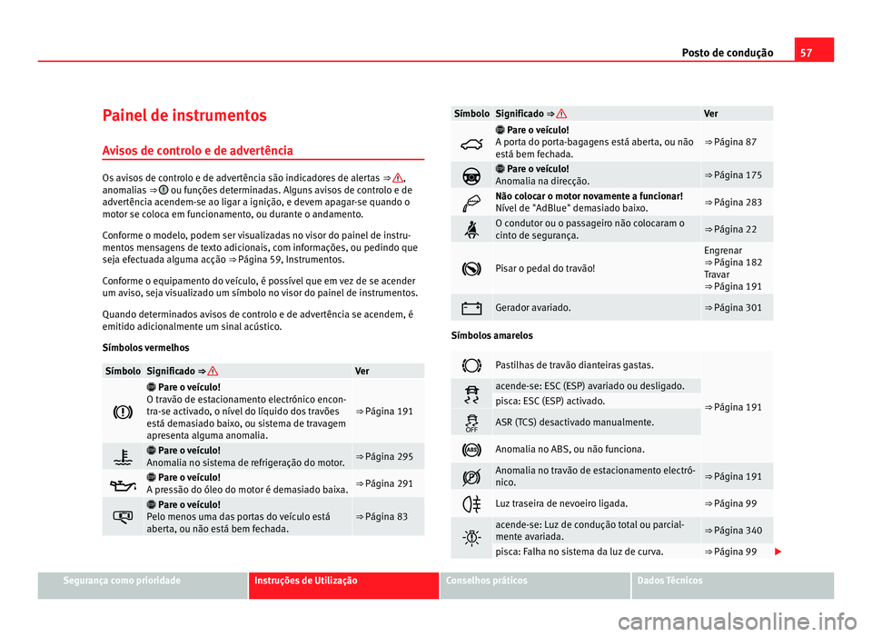 Seat Alhambra 2012 Manual do proprietário (in Portuguese) 57
Posto de condução
Painel de instrumentos Avisos de controlo e de advertência Os avisos de controlo e de advertência são indicadores de alertas
⇒ ,
anomalias ⇒ ou funções determi Seat Alhambra 2012 Manual do proprietário (in Portuguese) 57
Posto de condução
Painel de instrumentos Avisos de controlo e de advertência Os avisos de controlo e de advertência são indicadores de alertas
⇒ ,
anomalias ⇒ ou funções determi